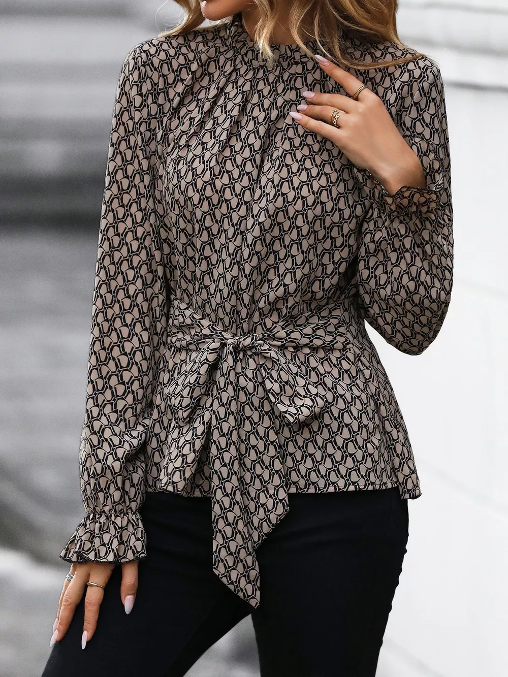 Printed Tie-Waist Flounce Sleeve Blouse
