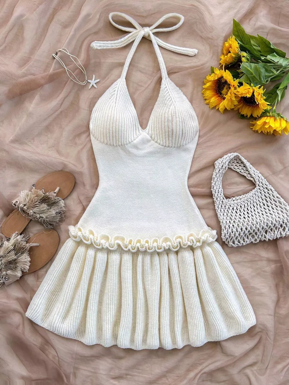 Halter Neck Ruffle Hem Knit Sweater Dress, image 2