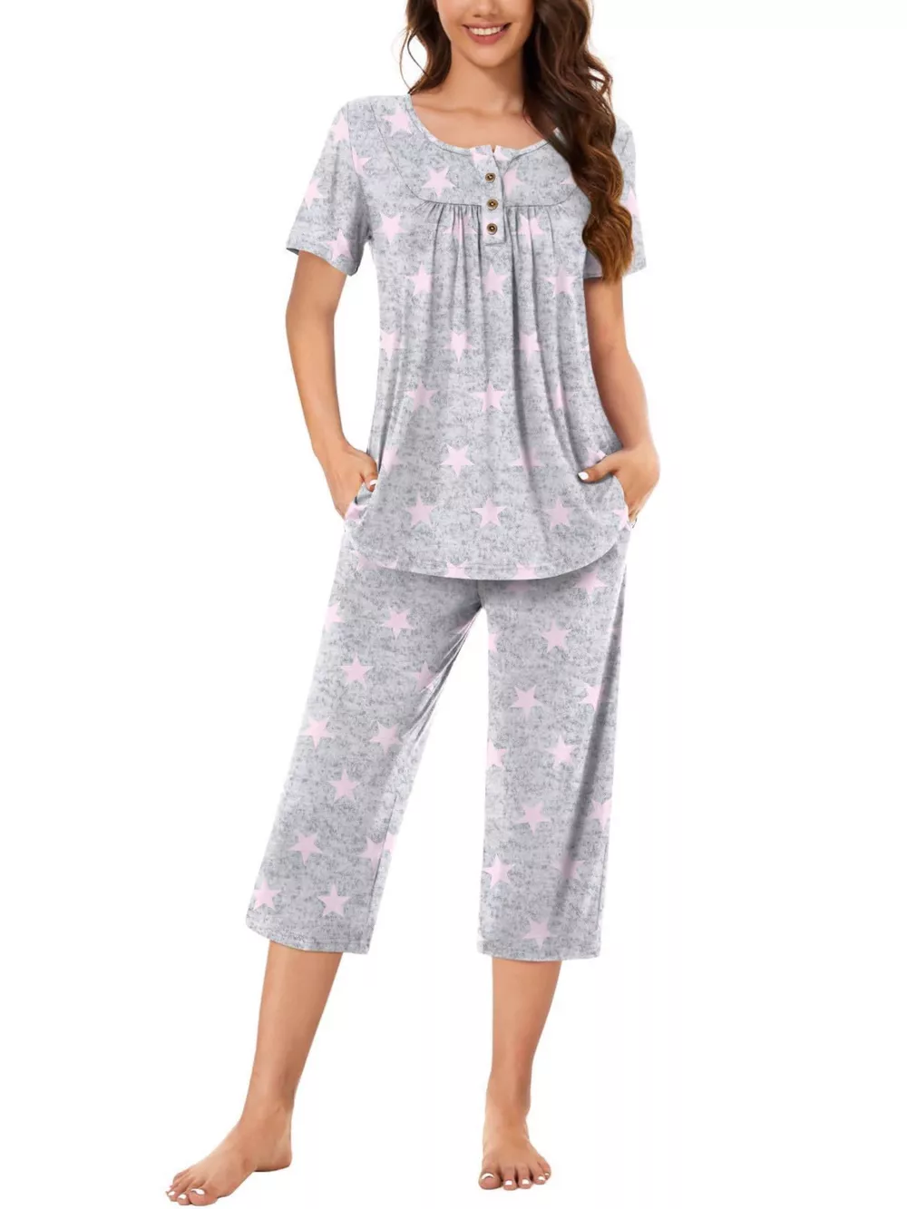 Printed Short Sleeve Top and Cropped Pants Lounge Set