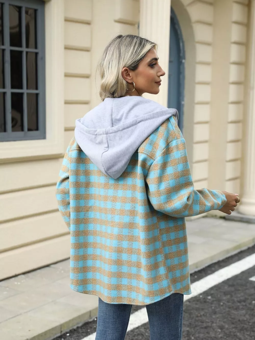 Plaid Button Up Long Sleeve Drawstring Hooded Jacket, image 22