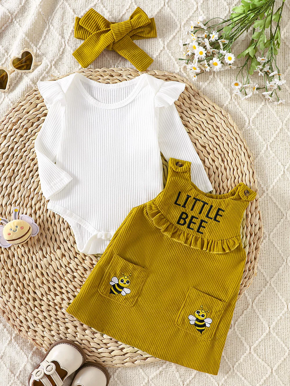 Children's Ribbed Bodysuit & Dress & Headband Set, image 3