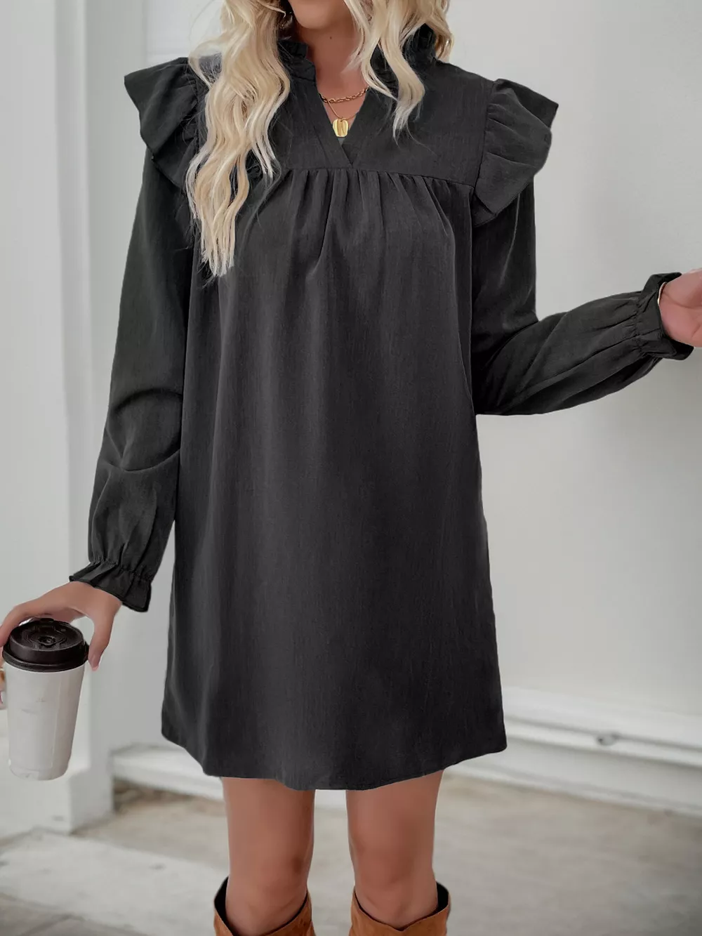 Ruffled Notched Long Sleeve Dress, image 15