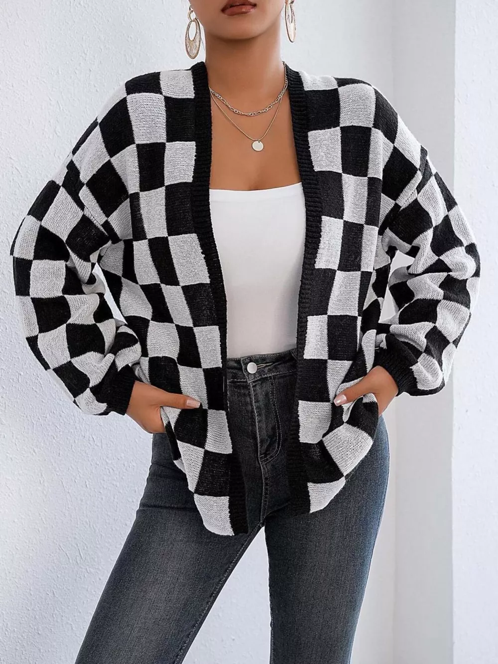 Checkerboard Pattern Open Front Knit Cardigan, image 5
