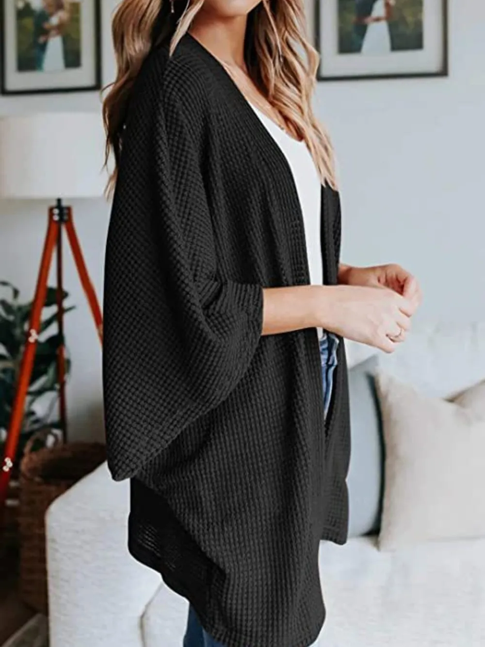 Full Size Open Front Waffle Knit Cardigan Plus Size, image 5