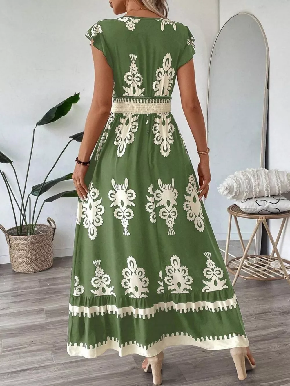 Printed V-Neck Ruffled Cap Sleeve Dress, image 8