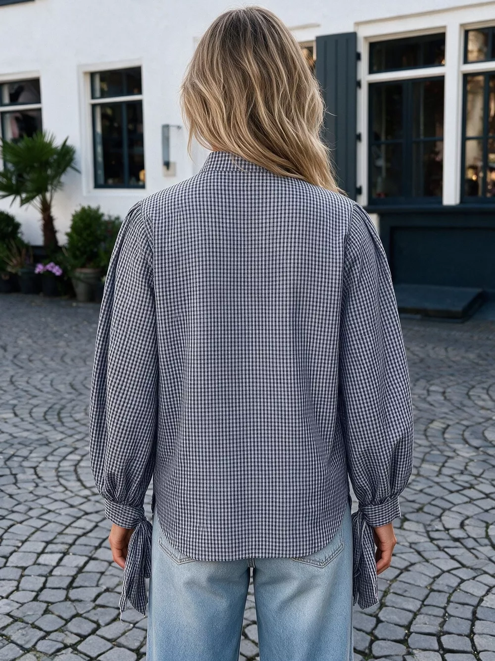 Gingham Button Up Shirt with Tie-Sleeve Detail, image 7