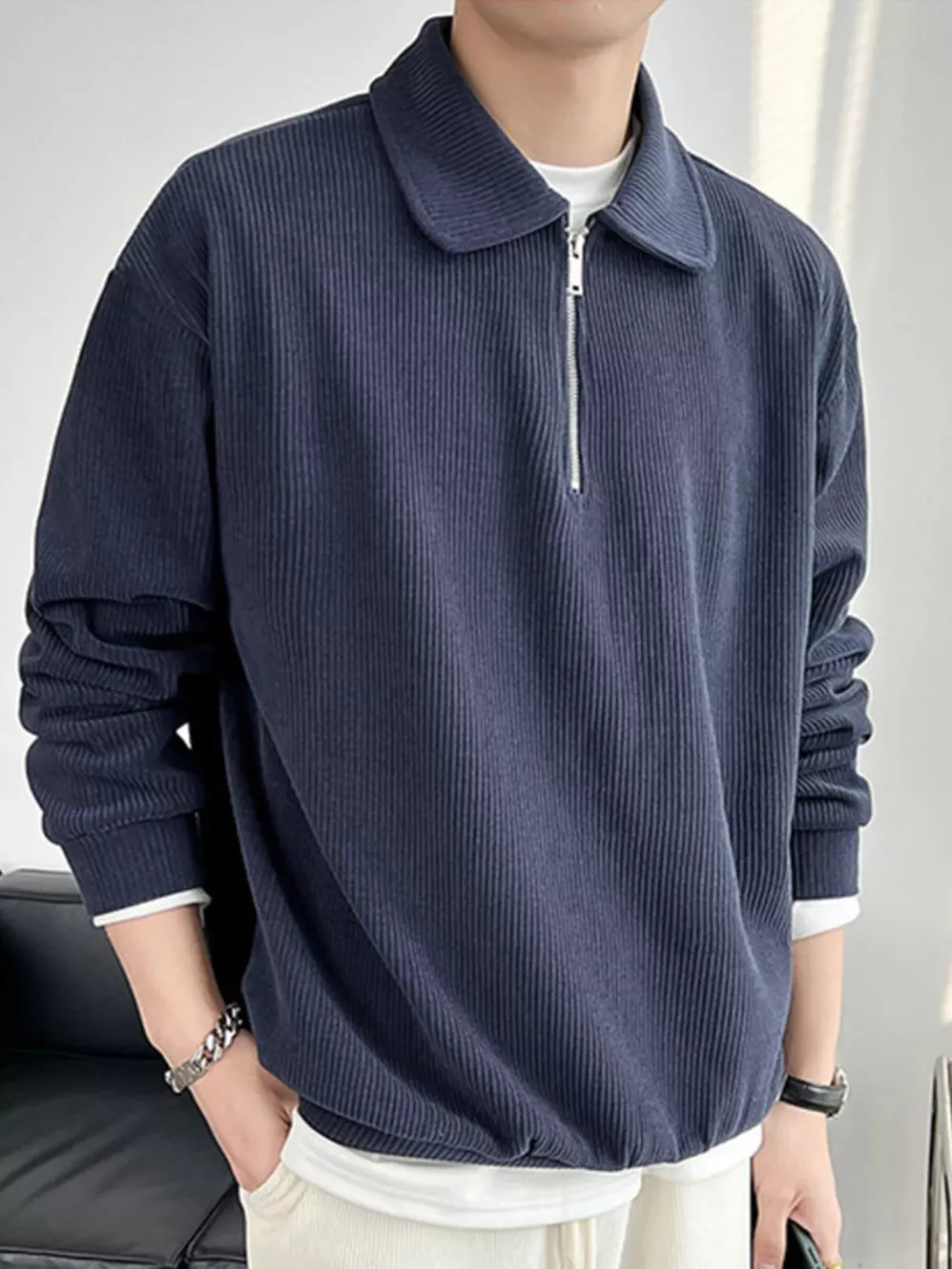 Men's Plus Size Corduroy Half-Zip Polo, image 2