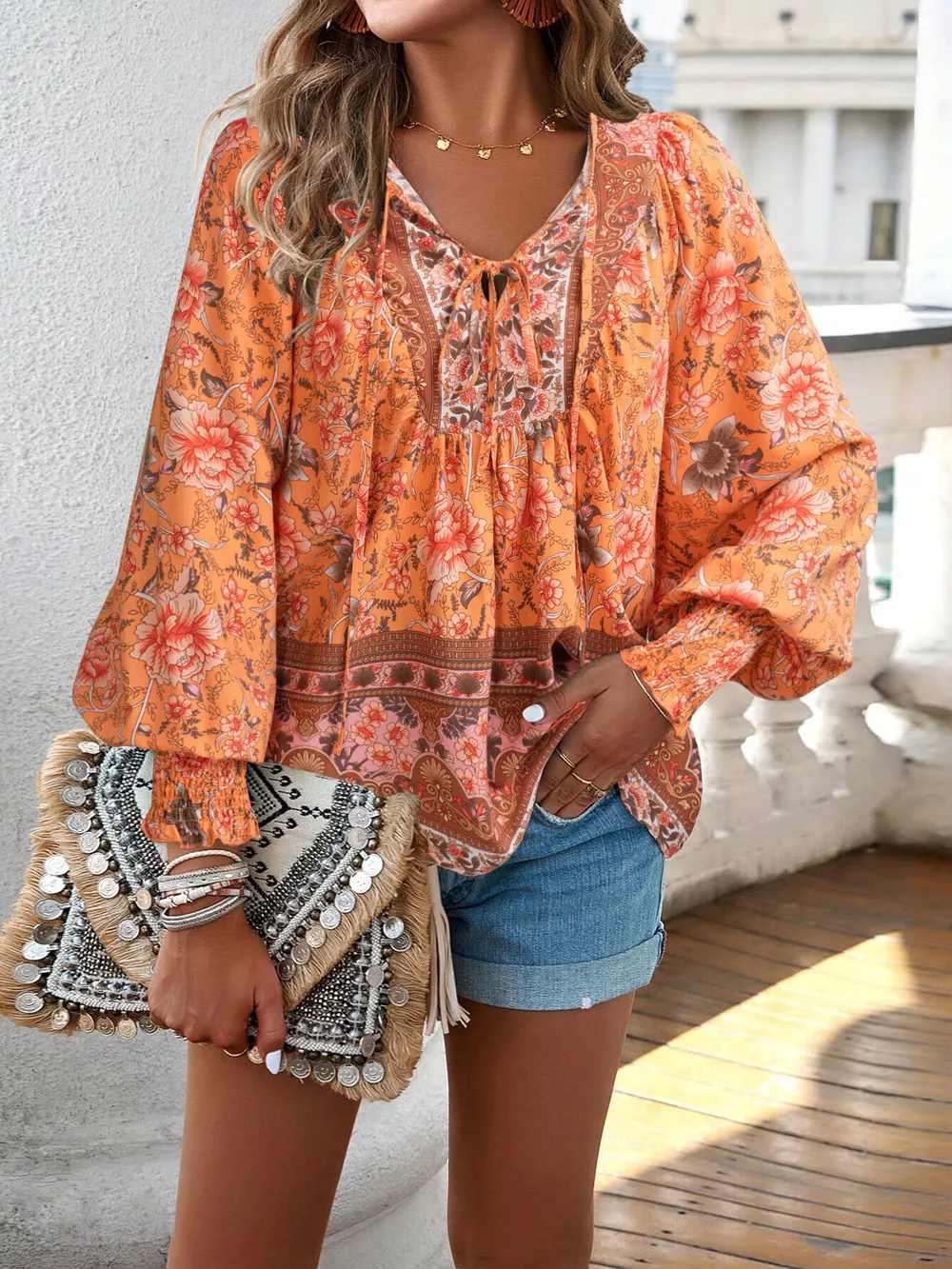 Floral Print Tie-Neck Blouse with Smocked Cuffs, image 13