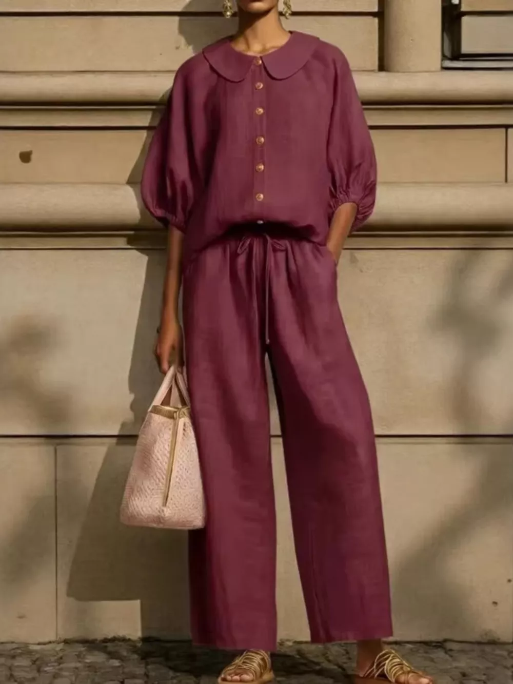 Full Size Button Down Half Sleeve Top and Pants Set Plus Size, image 5