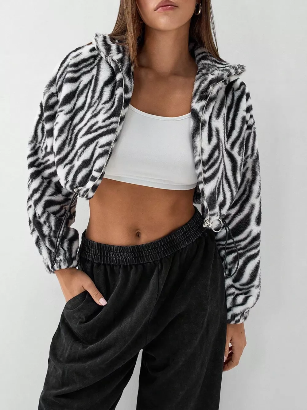 Zebra Print Plush Cropped Jacket, image 2