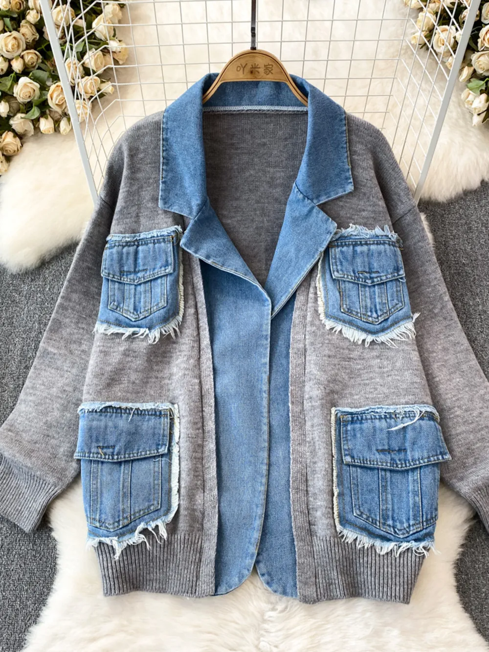 Raw Hem Denim Pocket Patchwork Cardigan, image 18