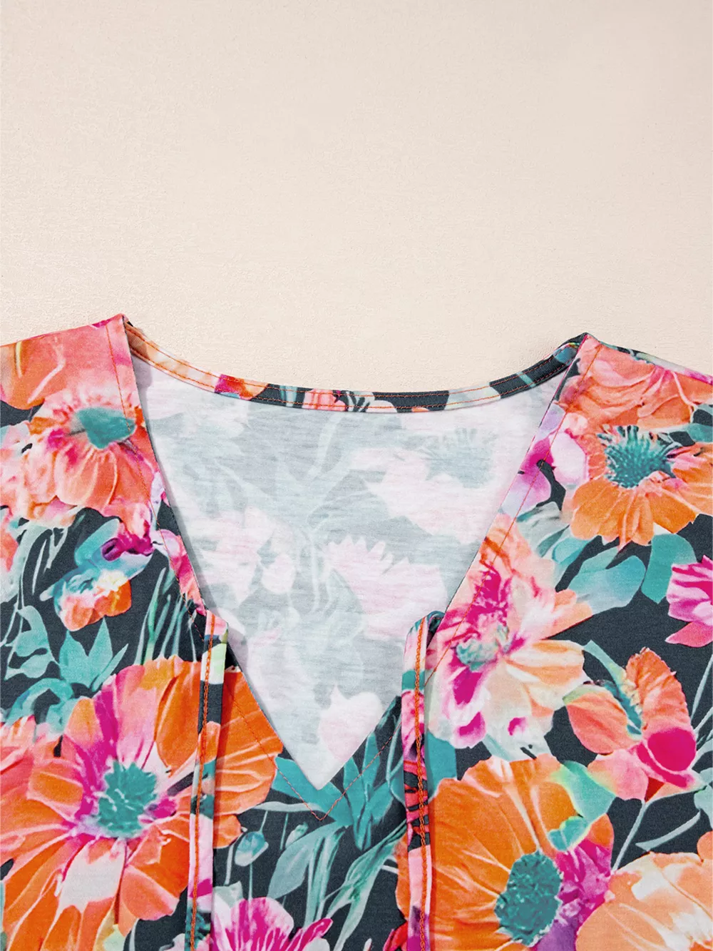 Floral 3/4 Flare Sleeve Tied Neck Blouse, image 2
