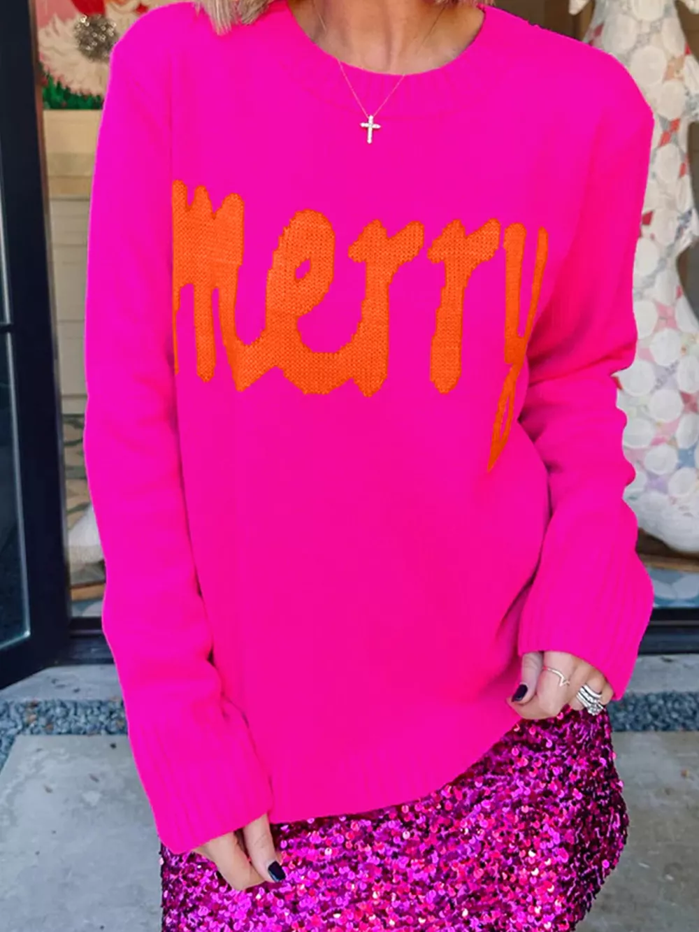 Merry Print Ribbed Trim Round Neck Loose Fit Sweater, image 4