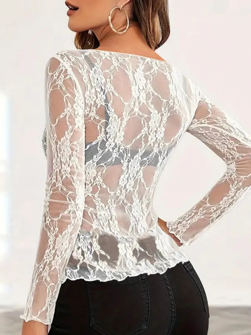 Mesh Floral Lace Long Sleeve T-Shirt, image 3