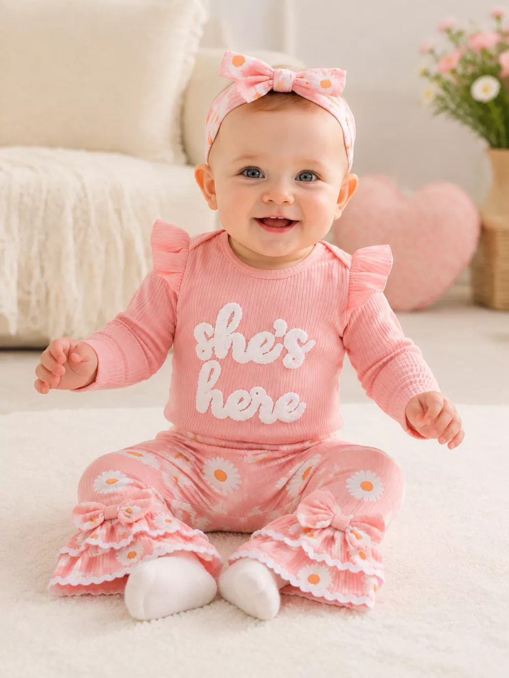 Children's Letter Bodysuit and Pants Set with Headband