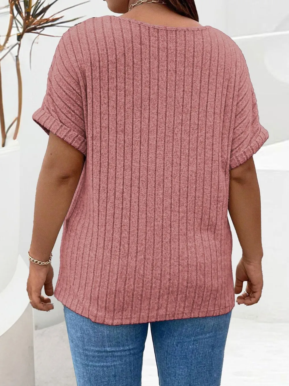 Plus Size Ribbed Half Zip Relaxed Fit T-Shirt, image 6
