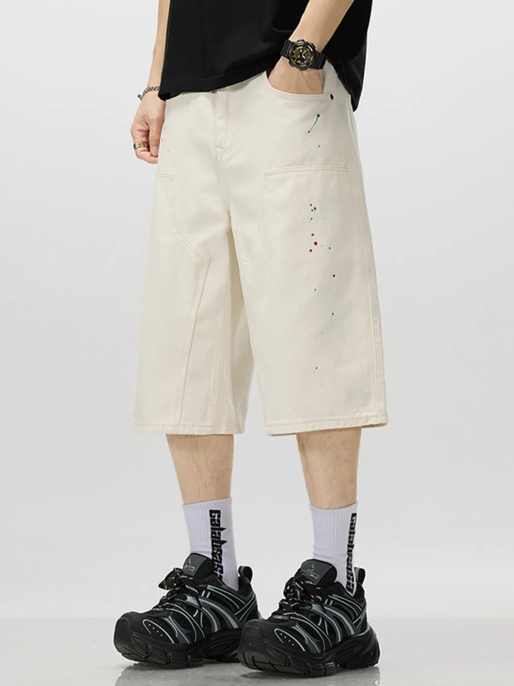 Men's Loose-Fit Splatter-Paint Denim Capris, image 3