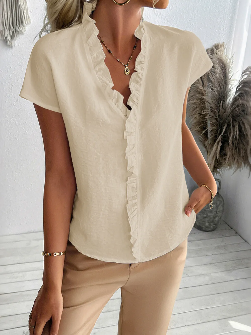 Ruffled V-Neck Short Sleeve Blouse, image 10