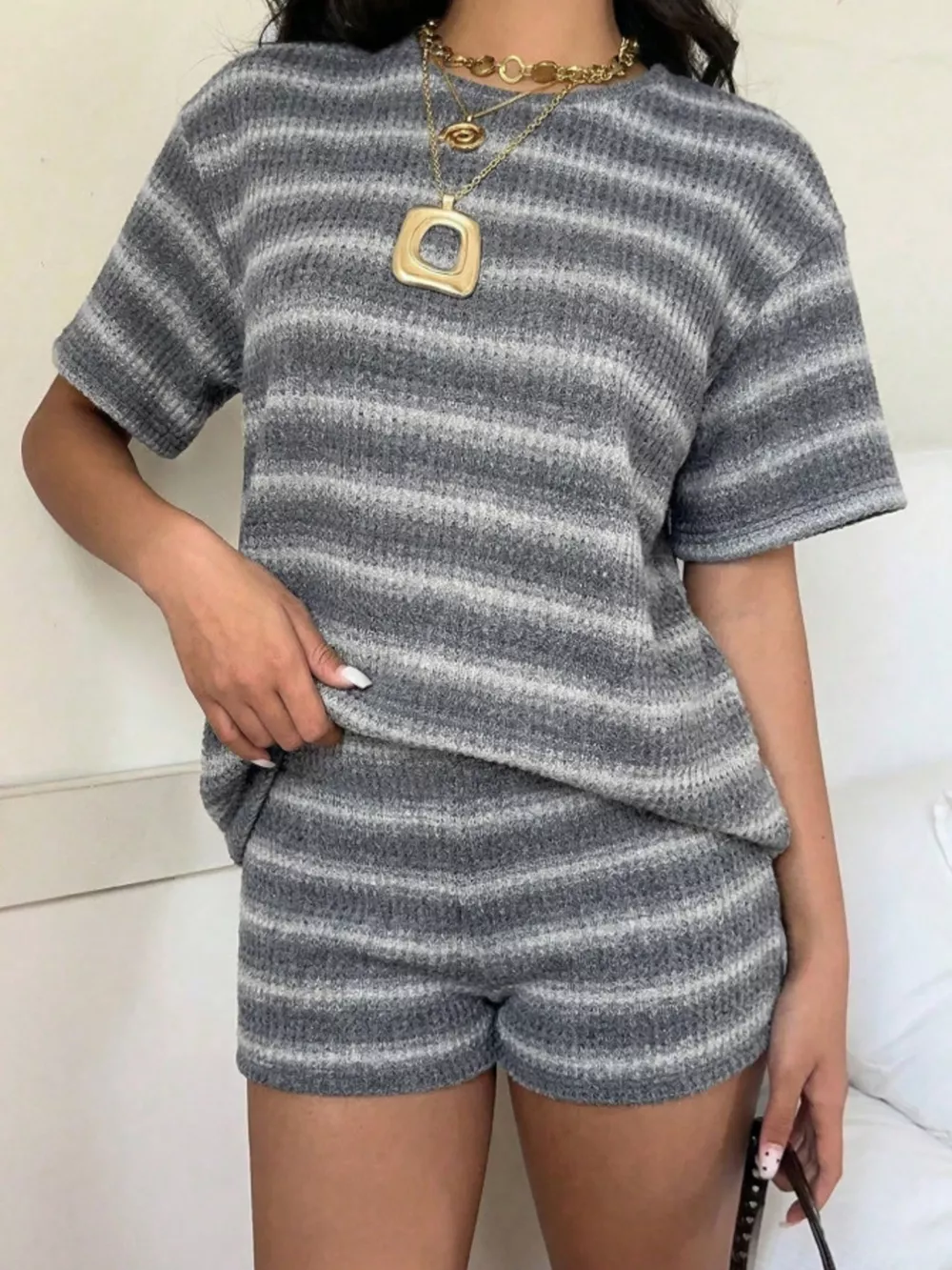 Striped Textured Knit Top and Shorts Set, image 18