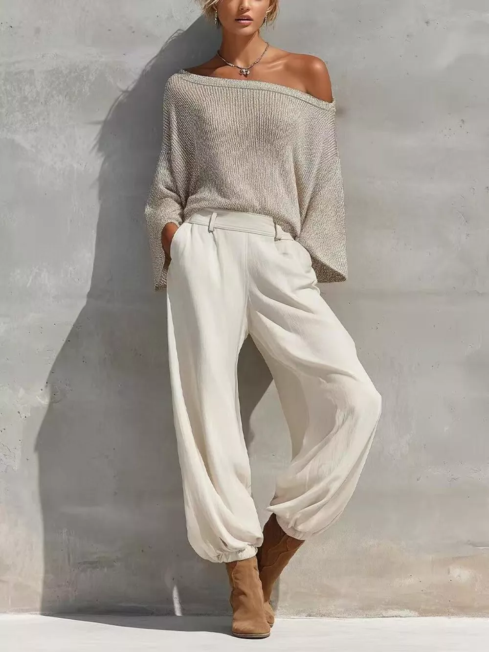 One-Shoulder Knit Top and High-Waisted Pants Set