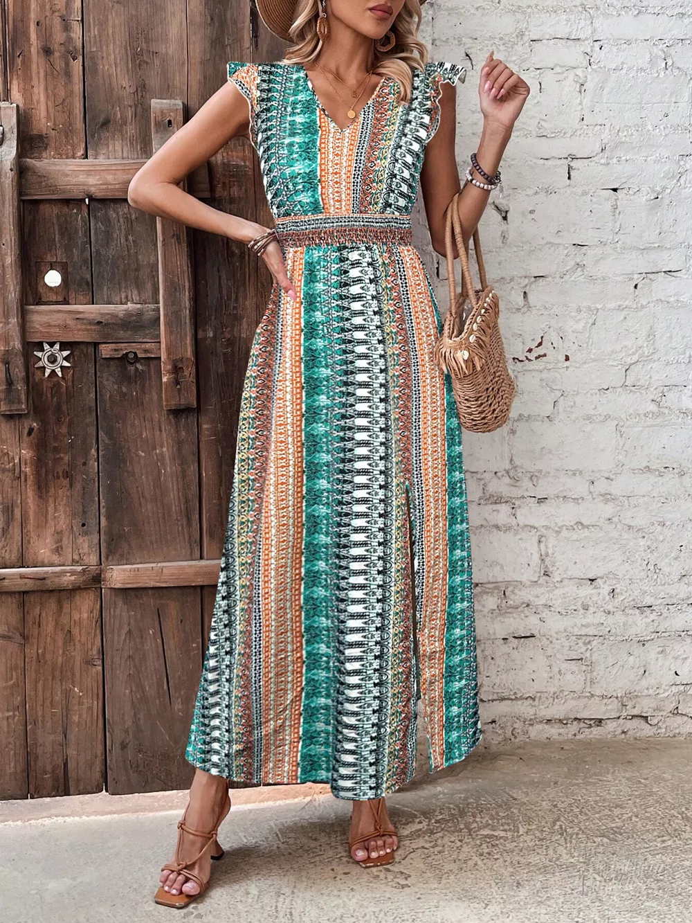 Boho Print Ruffle Sleeve Slit Dress, image 15