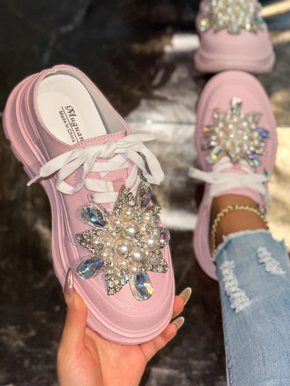Pearl Embellished Platform Slip-Ons, image 5