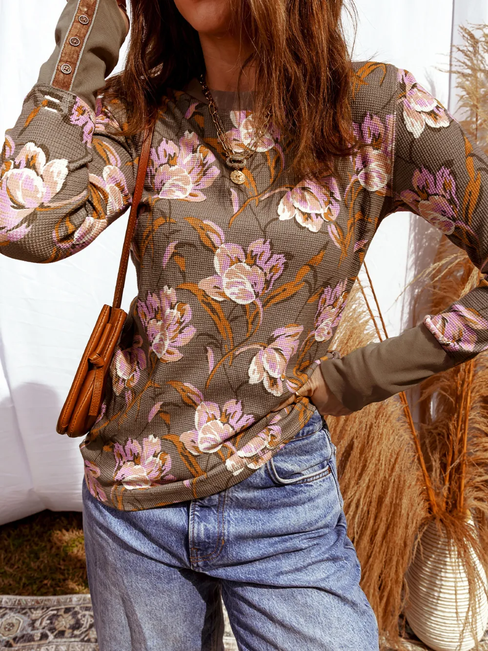Floral Print Waffle Textured Long Sleeve Top, image 3