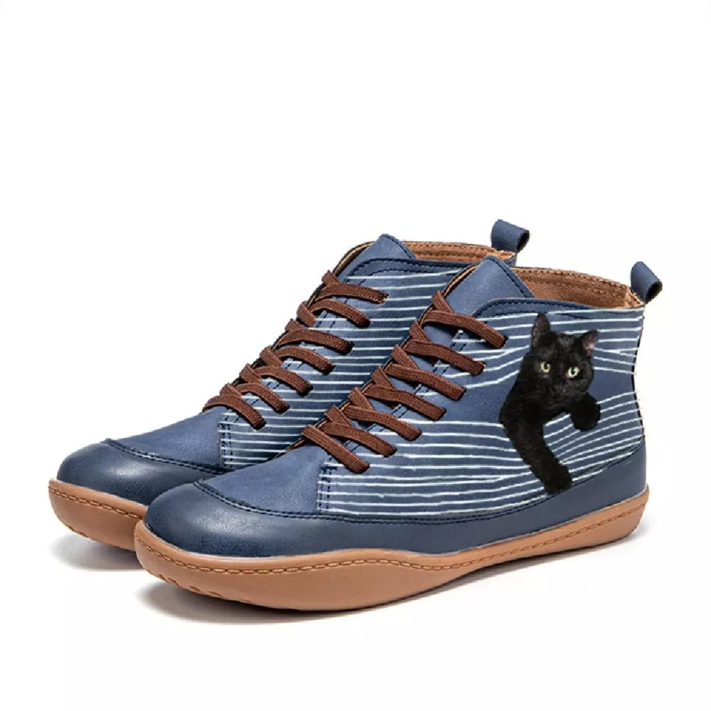 Cat Print Striped Ankle Sneakers