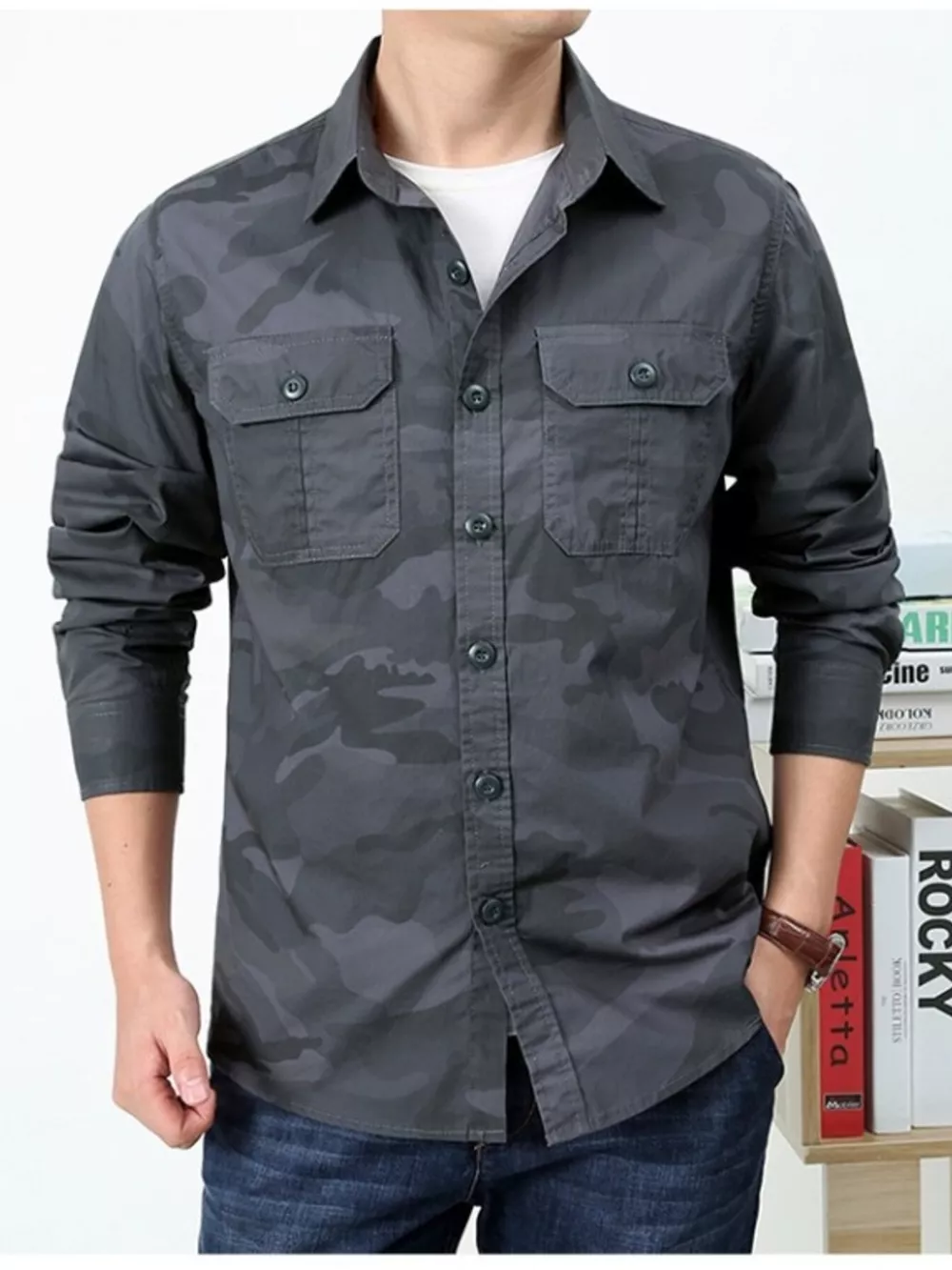 Men's Plus Size Camouflage Print Long Sleeve Shirt, image 6