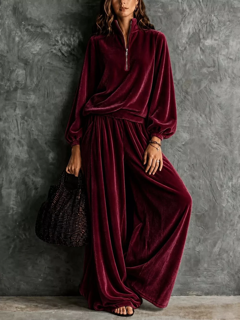 Quarter-Zip Sweatshirt and Wide-Leg Pants, image 9