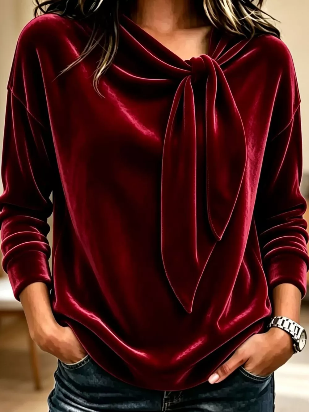 Velvet Tie Front Long Sleeve Sweatshirt, image 16