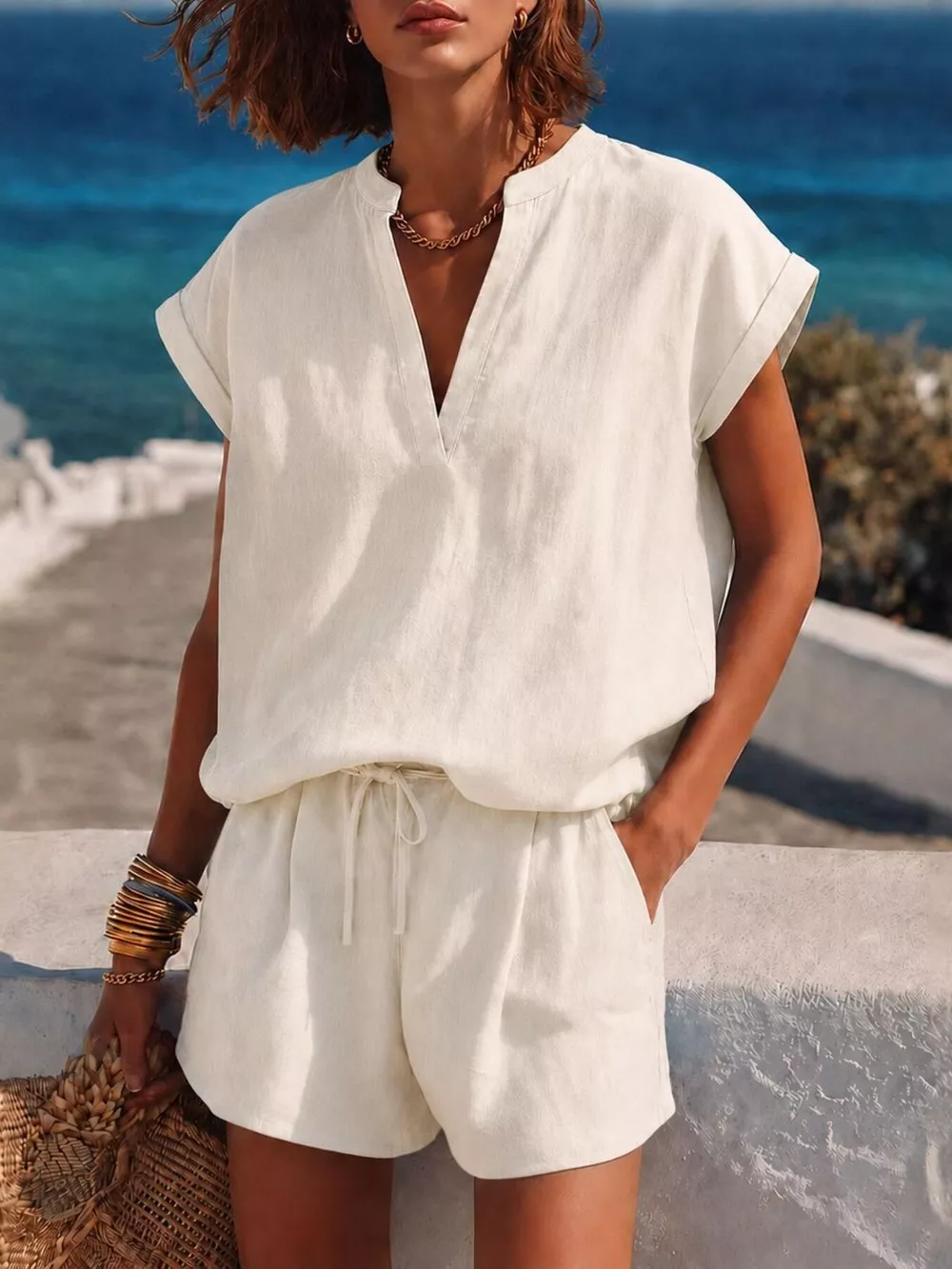 Notched Short Sleeve Top and Shorts Set, image 6