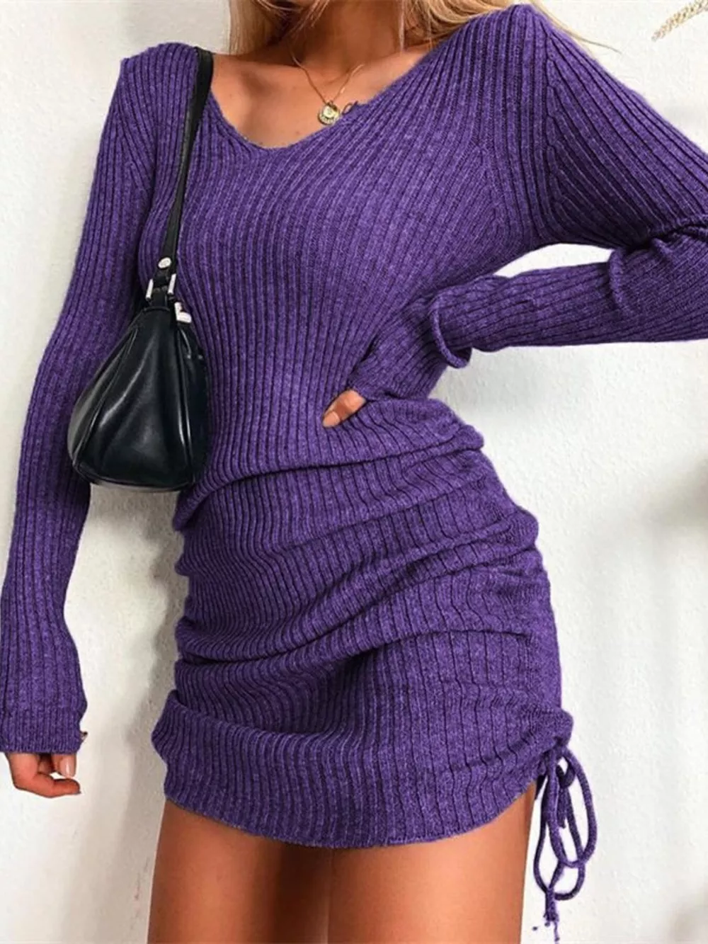 Full Size Ribbed Knit Drawstring Bodycon Sweater Dress Plus Size, image 21
