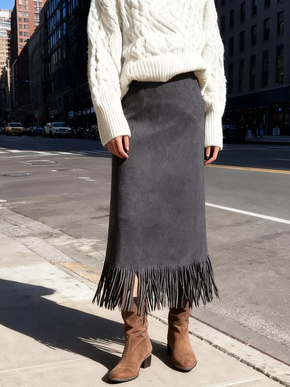 High-Waisted Suede Fringe Midi Skirt, image 12