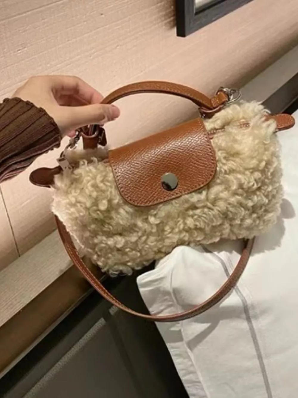 Fluffy Crossbody Bag with Leather Accents, image 2