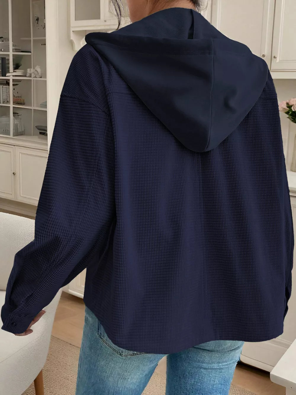 Hooded Waffle Knit Zip-Up Jacket, image 2