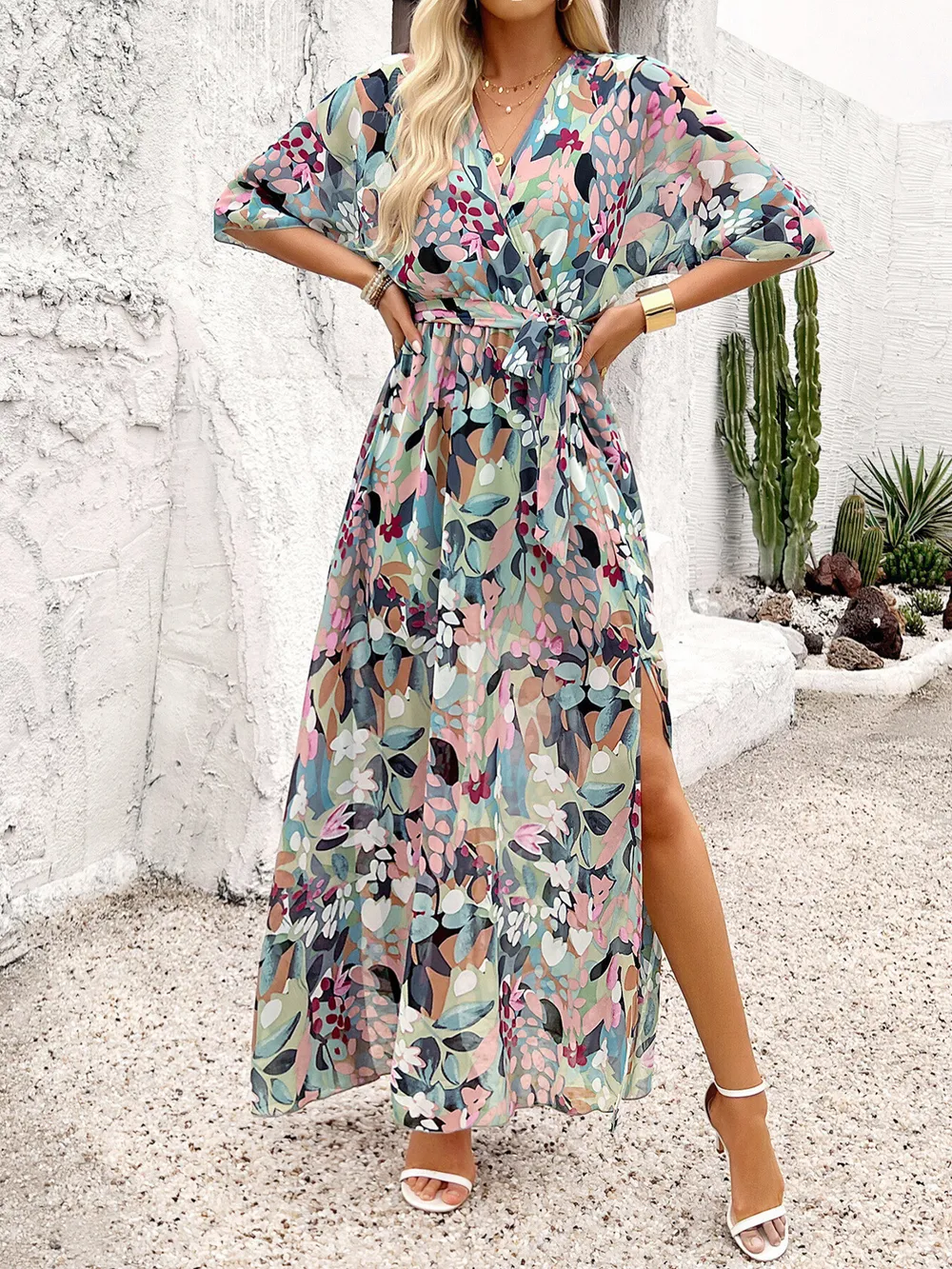 Slit Printed Surplice Half Sleeve Maxi Dress, image 3