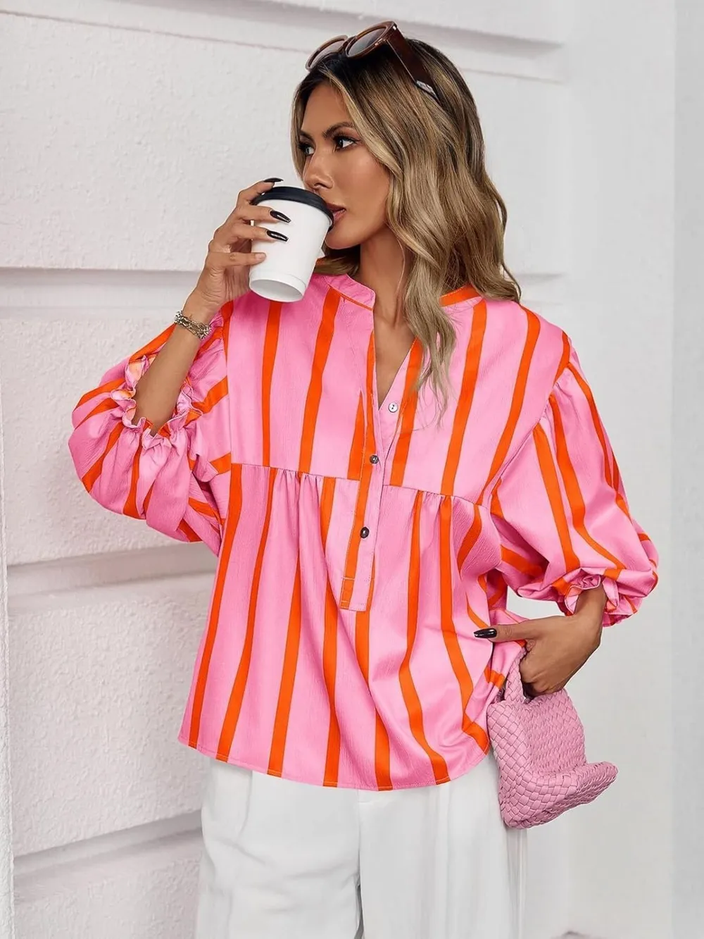 Striped Button Front Notched Blouse, image 4