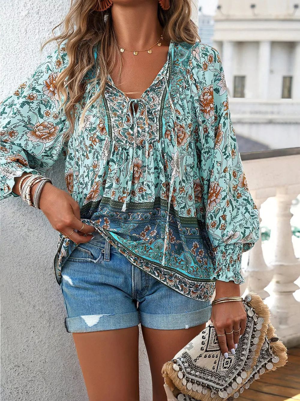 Floral Print Tie-Neck Blouse with Smocked Cuffs, image 10