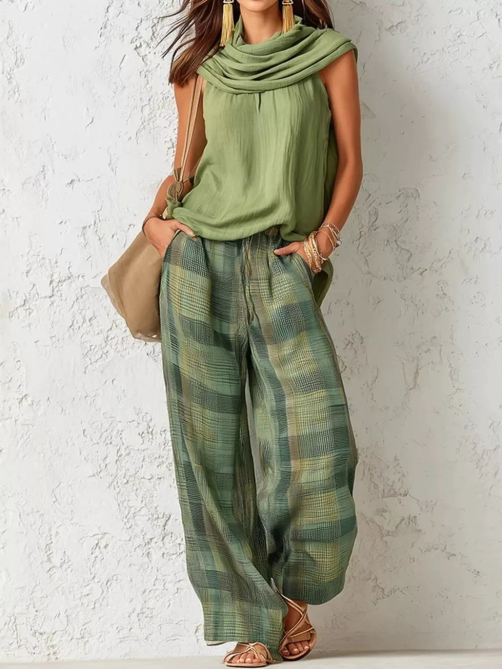 Full Size Sleeveless Cowl Neck Top and Plaid Wide-Leg Pant Two-Piece Set Plus Size, image 3
