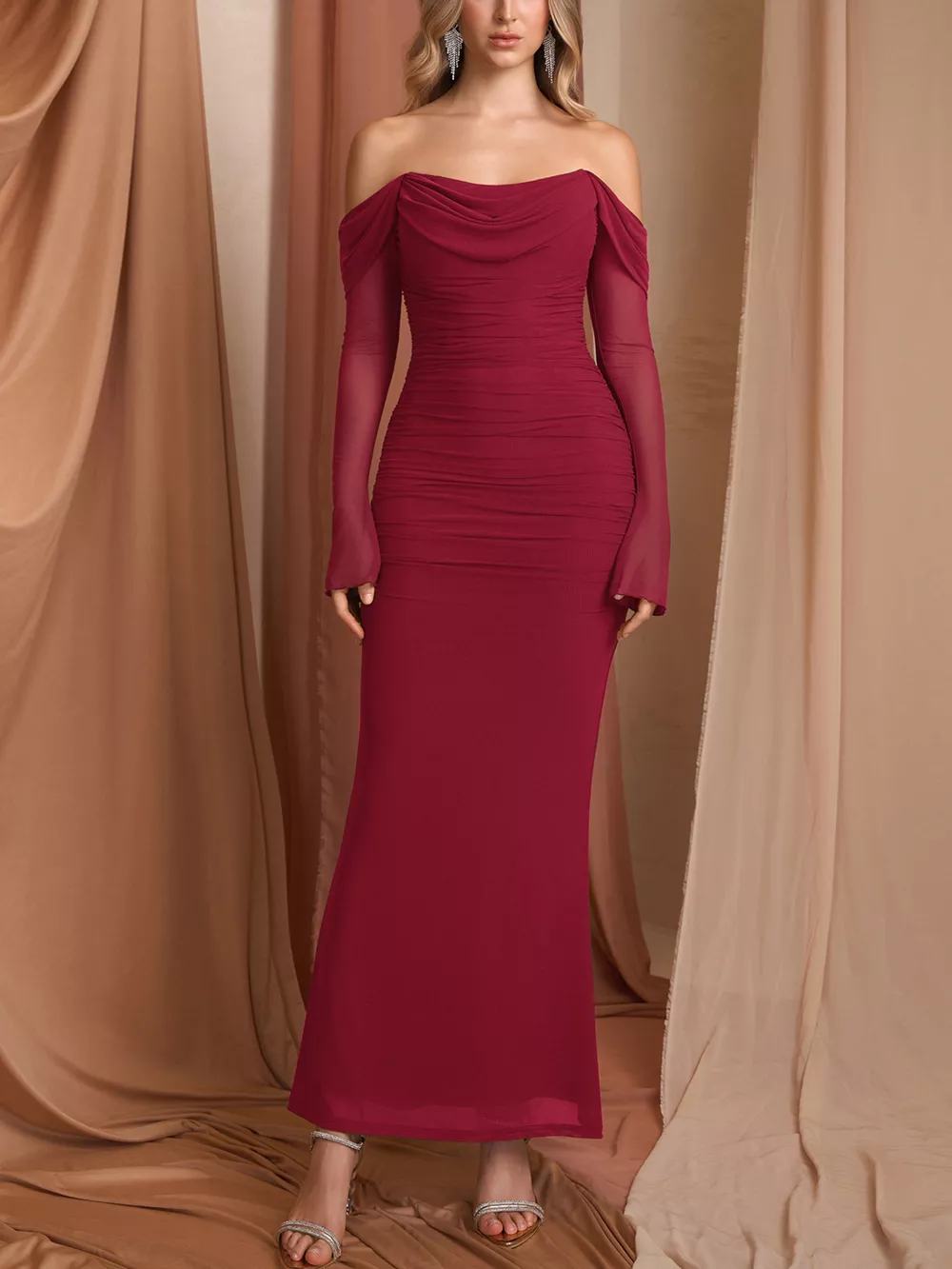 Off-Shoulder Ruched Mermaid Maxi Dress, image 3