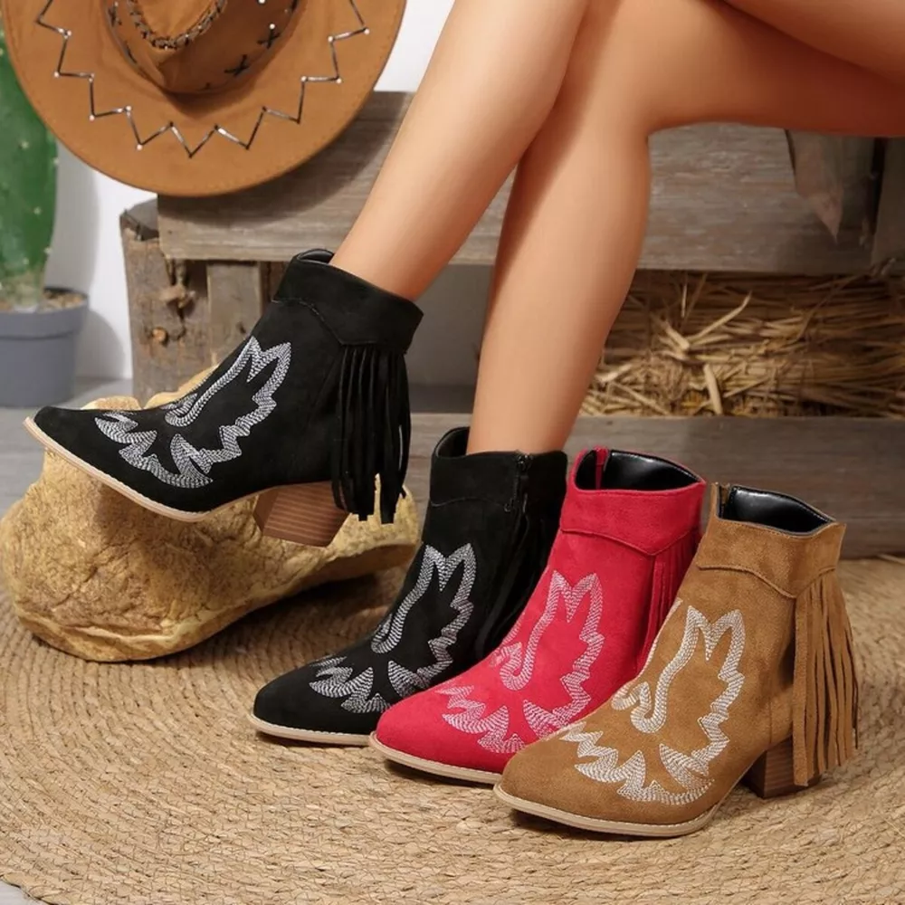 Fringe Point Toe Block Heels Boots, image 3