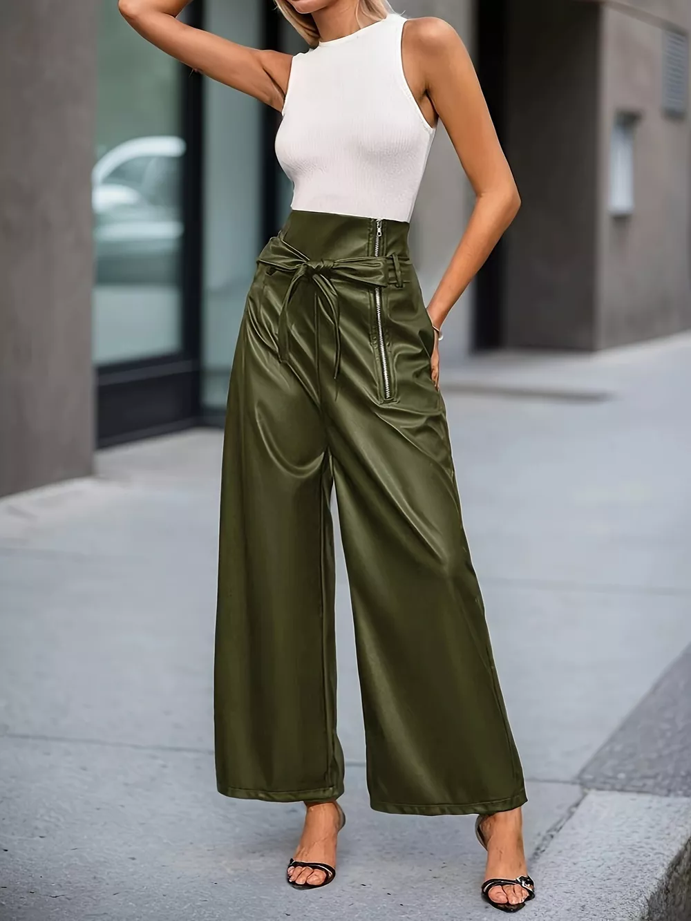 High-Waisted Faux Leather Wide-Leg Pants with Tie-Waist and Zipper Detail