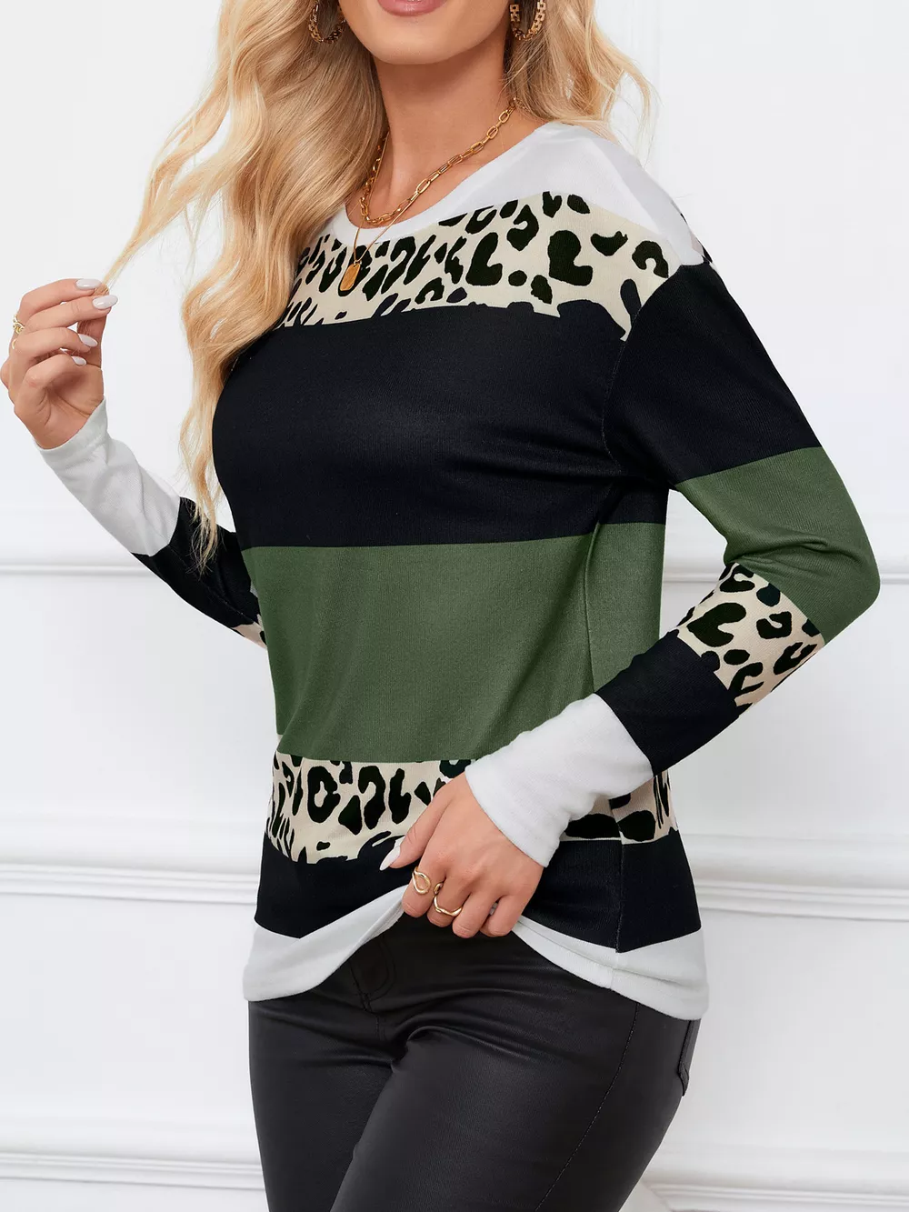 Leopard Color Block Striped Knit Top, image 11