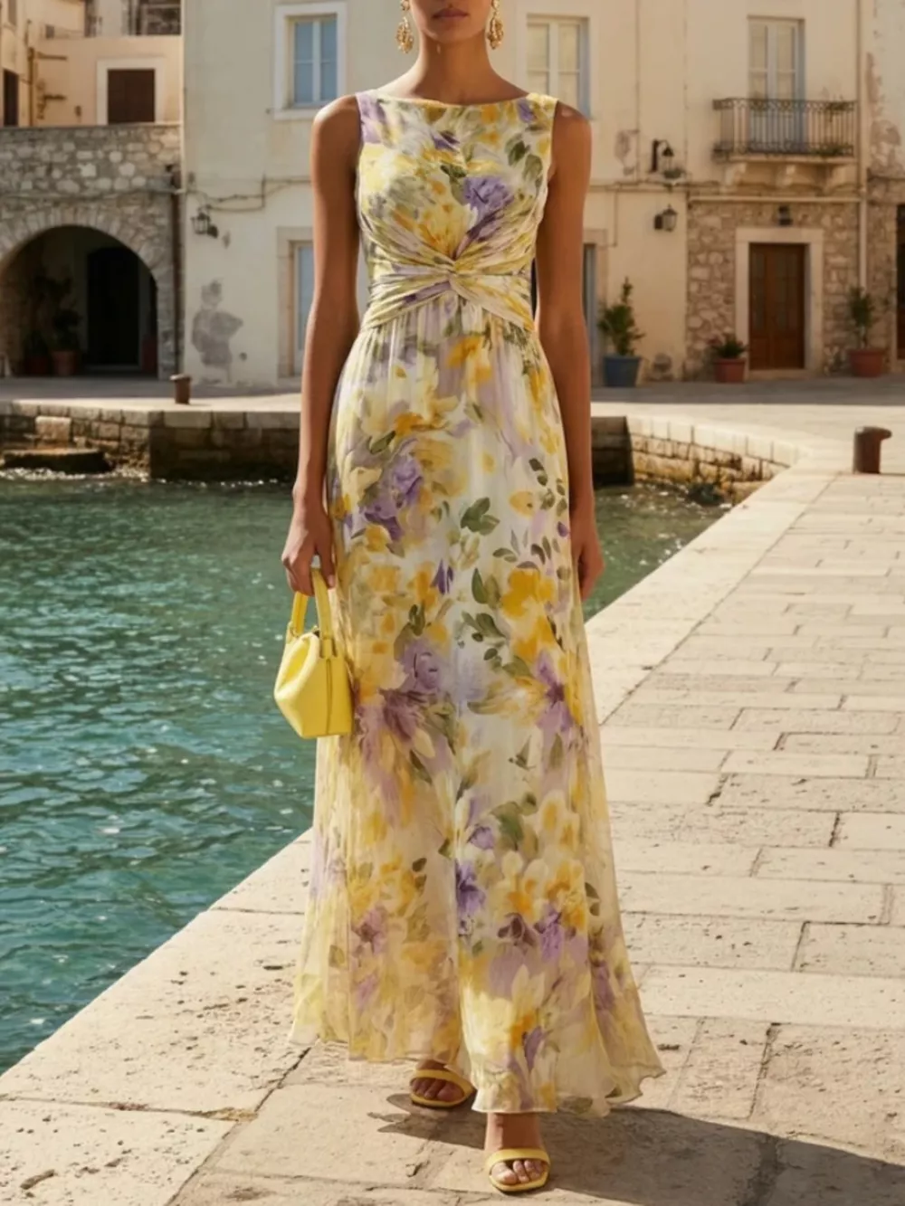 Floral Print Sleeveless Twist-Front Maxi Dress