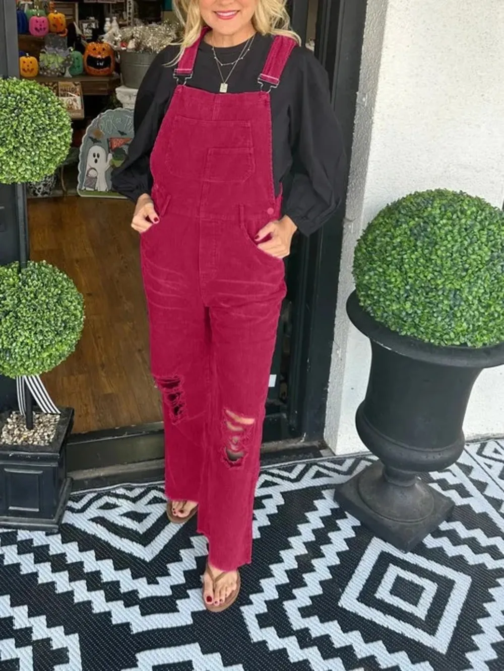 Distressed Wide Leg Corduroy Overalls, image 14