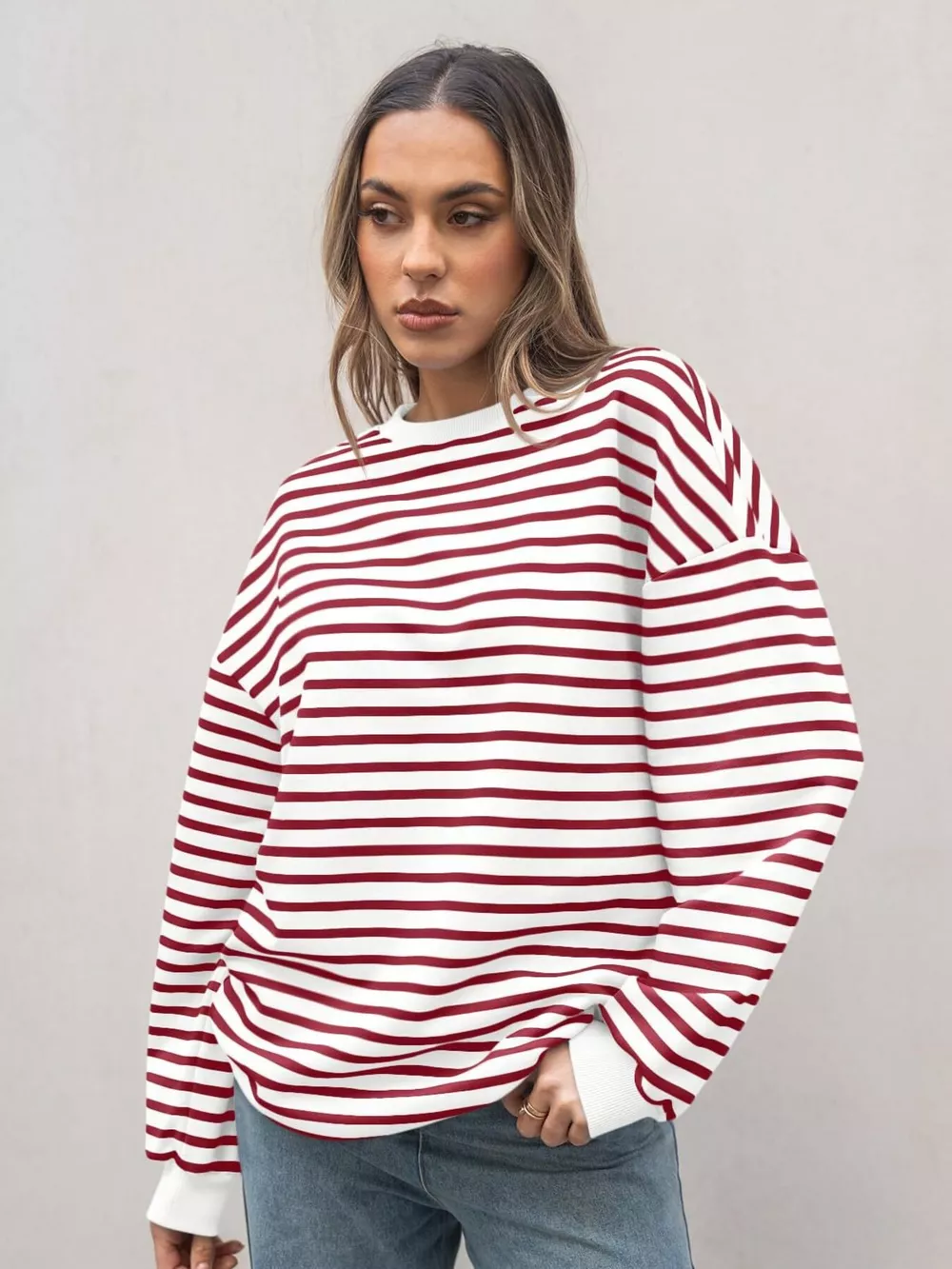 Striped Round Neck Oversized Casual Sweatshirt, image 11