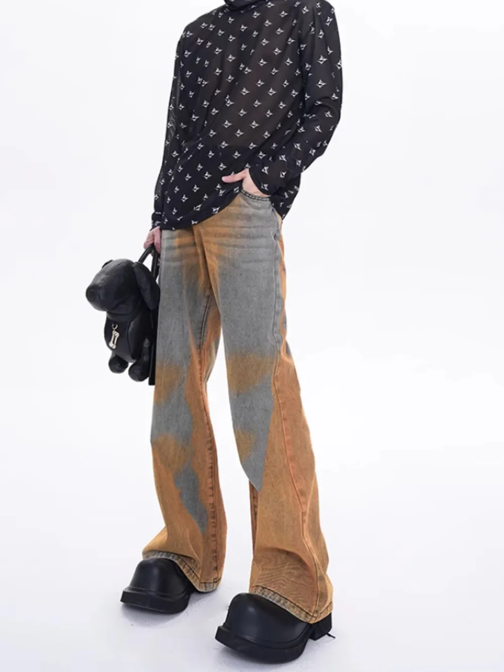 Men's Plus Size Contrast Wide Leg Flare Jeans, image 5