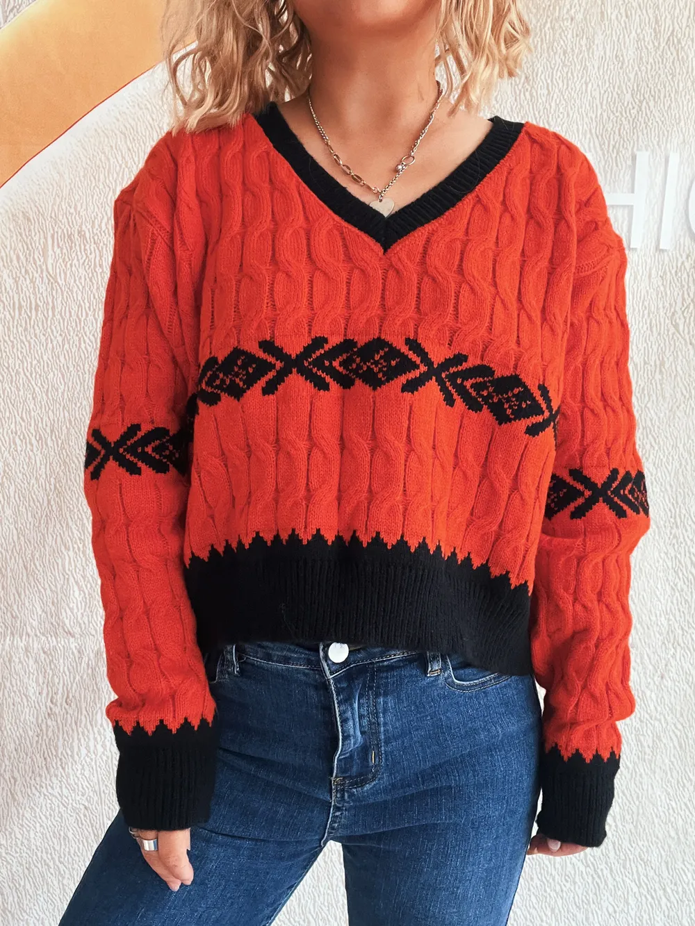 Cable Knit V-Neck Sweater, image 3