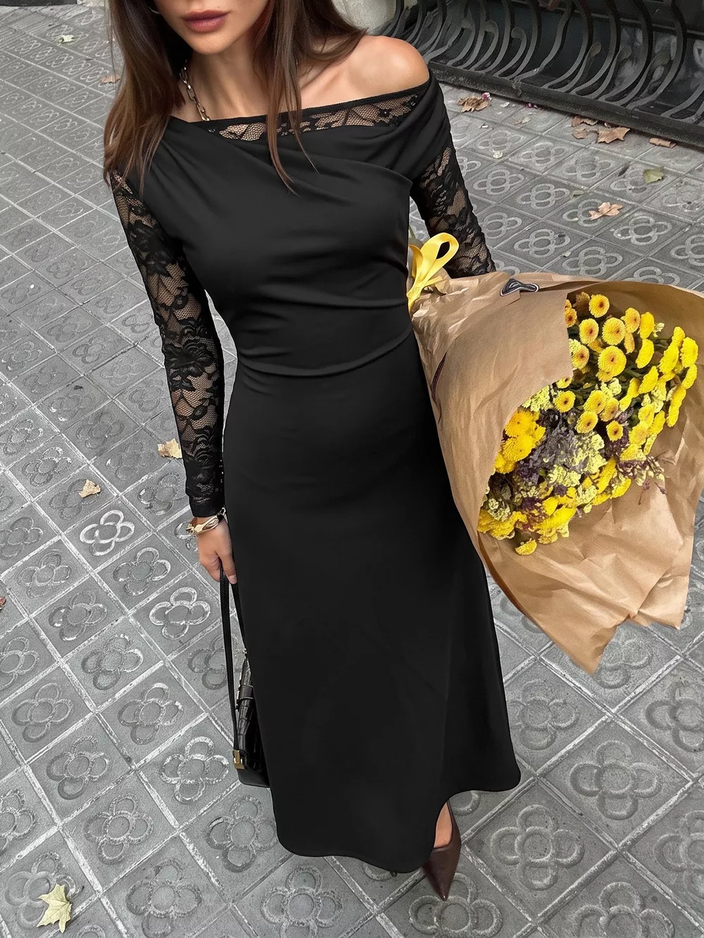 One-Shoulder Lace Sleeve Maxi Dress, image 2